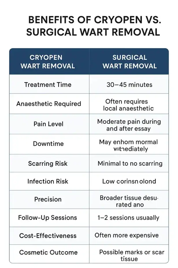Table showing the benefits of cryopen to remove warts Sandbach compared to surgical treatment
